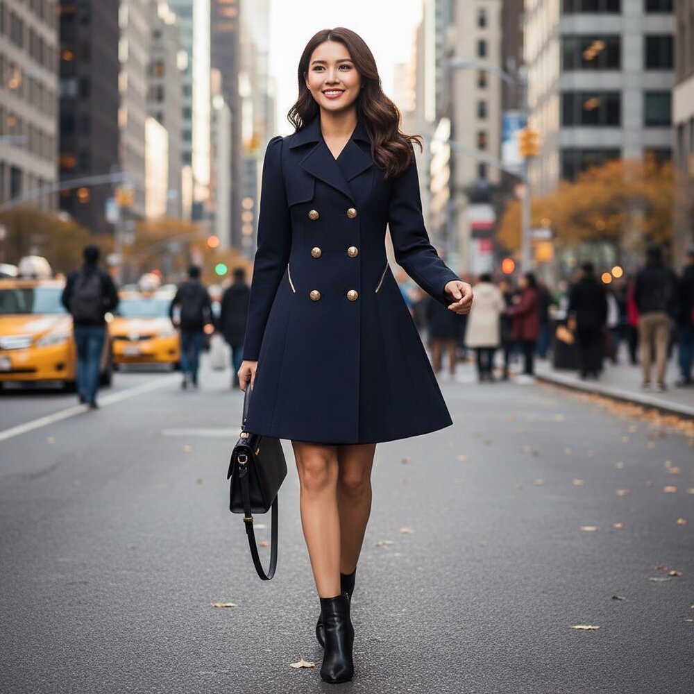 Women's Light Trench Coat Mid thigh length - Navy Blue